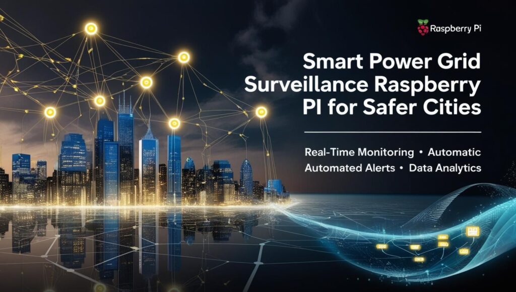 An infographic showcasing how Raspberry Pi enhances power grid surveillance and safety in smart city projects, including sensors, real-time monitoring, automated alerts, and analytics.