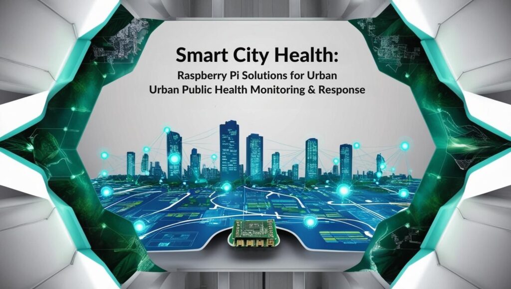 An infographic highlighting Public Health Deployments in Urban Environments, focusing on how Raspberry Pi enables smart city health monitoring, data collection, and rapid response systems.