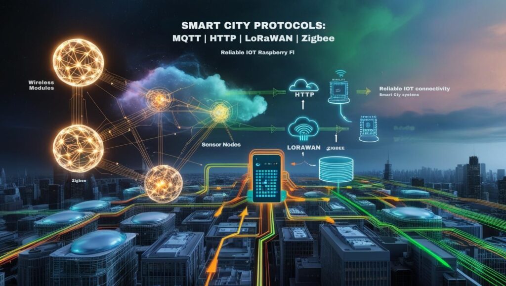 An infographic depicting Networking and Communication Protocols for Smart Cities using Raspberry Pi for IoT-enabled city systems. Visualize wireless modules, sensor nodes, cloud integration, and key protocols (MQTT, HTTP, LoRaWAN, Zigbee). Use cityscapes, network layers, device icons, and arrows to illustrate data flow.