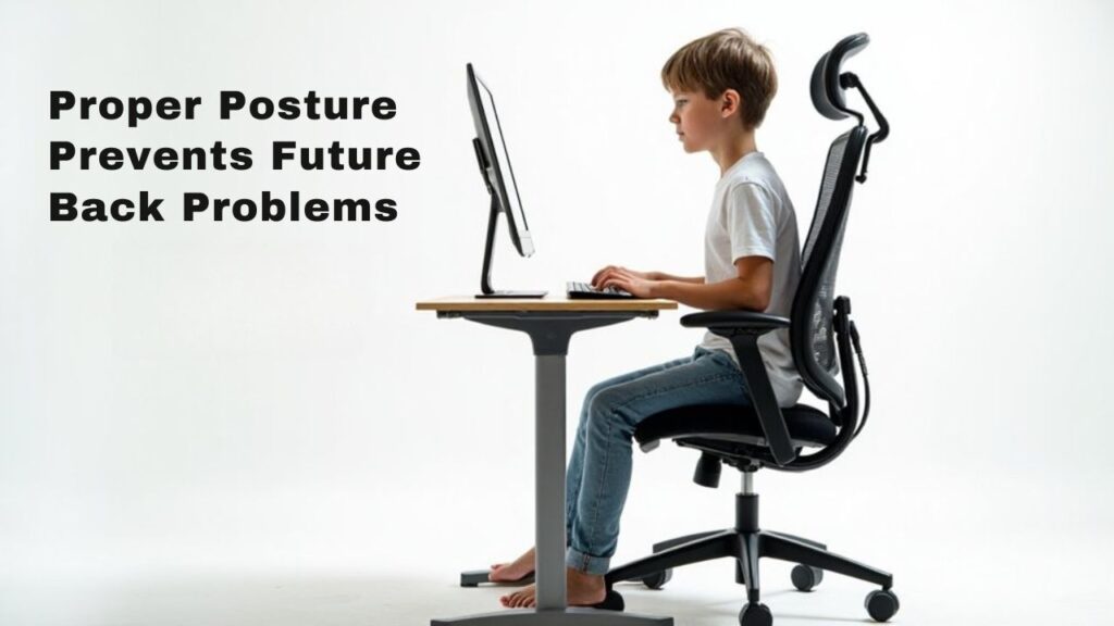 A realistic image of a child sitting in an ergonomic chair at a desk, demonstrating proper posture with feet flat on the floor, back straight against lumbar support, and arms positioned correctly at keyboard height. The chair features adjustable components and promotes healthy spine alignment for growing bodies.