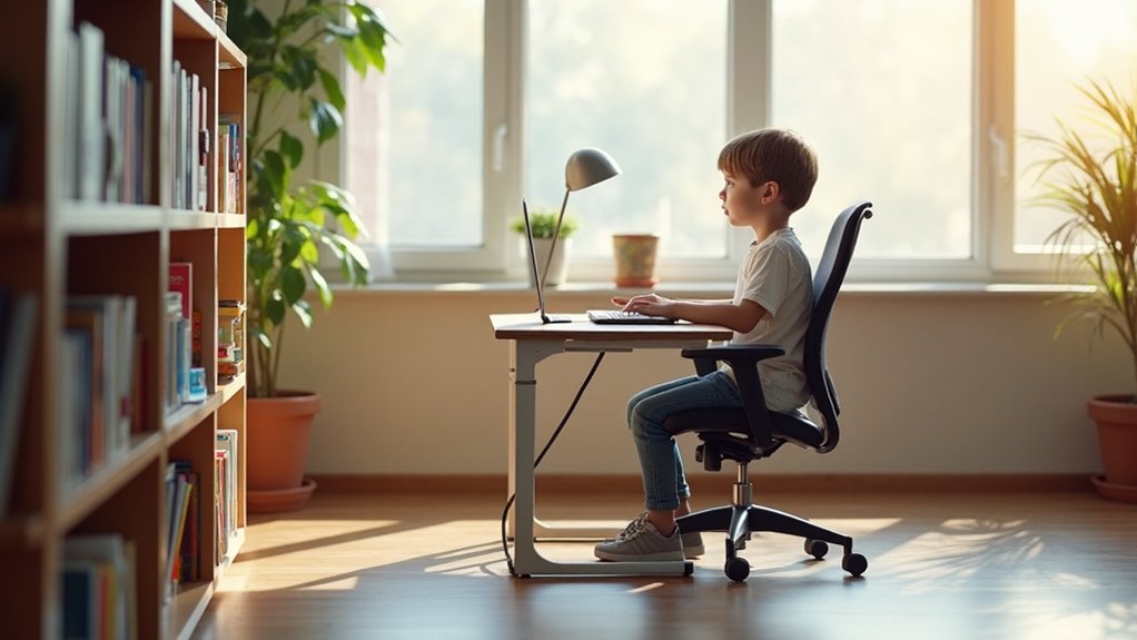 A realistic image showing a child sitting in an ergonomic chair at a modern study desk with proper posture, surrounded by a well-lit learning environment with books, educational materials, and natural lighting from a window. The scene demonstrates healthy spine alignment and comfort for optimal focus and learning concentration.