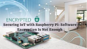 A realistic image showcasing a Raspberry Pi board with a digital security shield overlay, connected to IoT devices while binary code streams around it. The background features a modern smart home setting with subtle encryption symbols floating in the air.