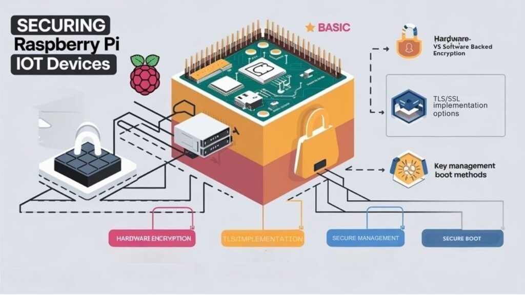 An infographic illustrating Raspberry Pi security vs. performance tradeoffs to keep Raspberry Pi secure in IoT environments, showing encryption methods with varying resource demands, including TEE benefits, hardware acceleration options, and lightweight crypto algorithms suited for constrained devices like Pi Zero W.