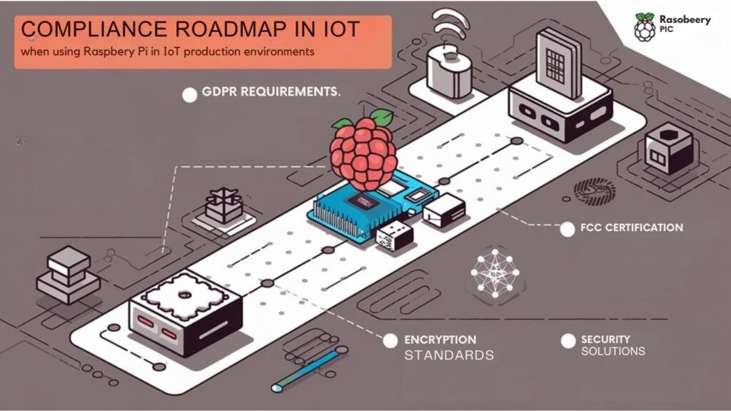 An infographic showing regulatory compliance challenges when using Raspberry Pi in IoT production environments. Visualize GDPR, FCC, CE, and encryption standards as hurdles on a path, with a Raspberry Pi navigating through them. Include solutions for each challenge.