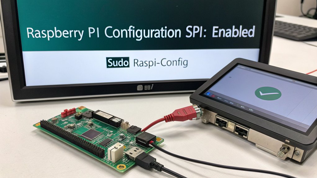 A realistic image depicting a Raspberry Pi 4 connected to an SPI device, with the Raspberry Pi Configuration tool open on a monitor showing the SPI interface option being enabled. The configuration screen is clearly visible, with a checkmark being placed in the SPI checkbox.