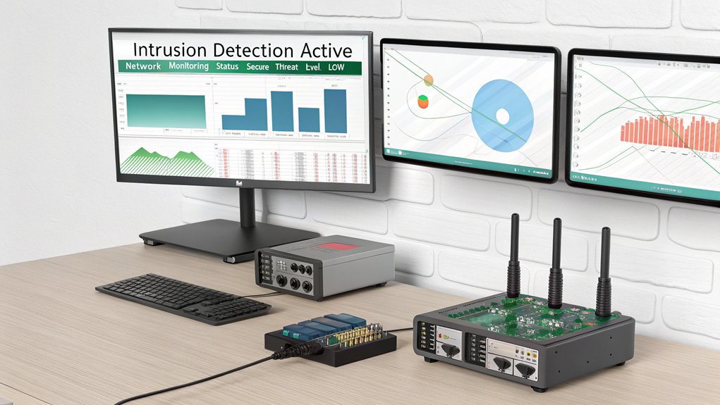 A realistic image of a Raspberry Pi connected to multiple monitors displaying security dashboards, intrusion detection alerts, and network traffic graphs. The setup includes blinking LED indicators on sensors and a small rack with security equipment. The environment looks like a home office with subtle blue/green monitoring screens. 