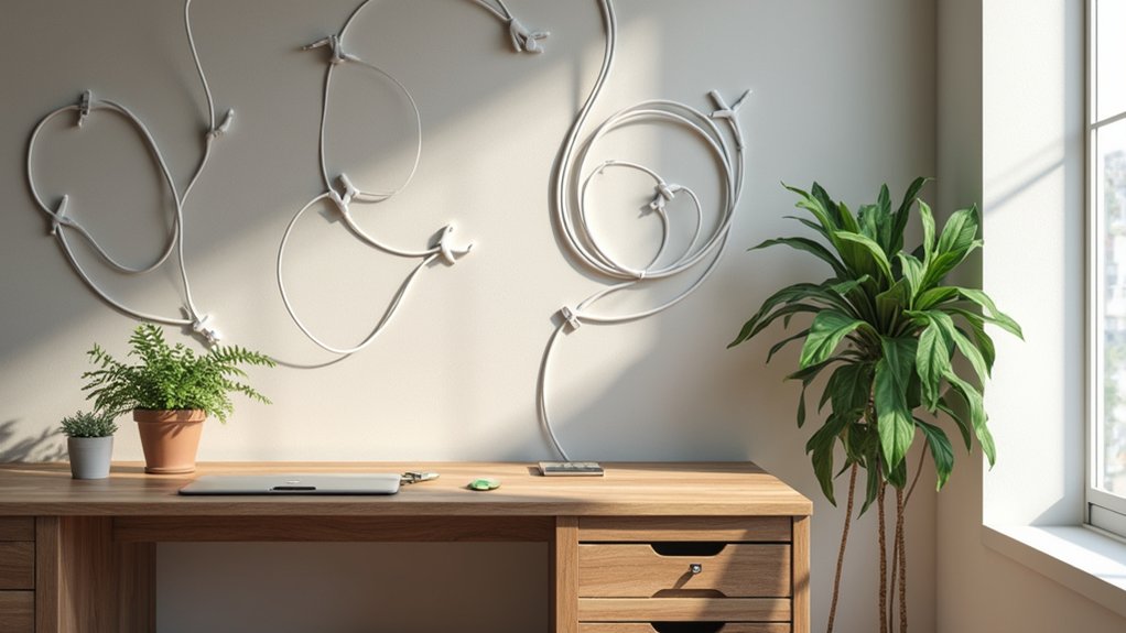 A realistic image of an elegant home office with decorative cable management solutions. Exposed cables are artfully arranged in spiral patterns on walls using stylish cable clips. A sleek wooden desk features built-in cable channels with integrated plants. The cable organizers match the room's color palette. Soft natural lighting highlights the organizational elements.