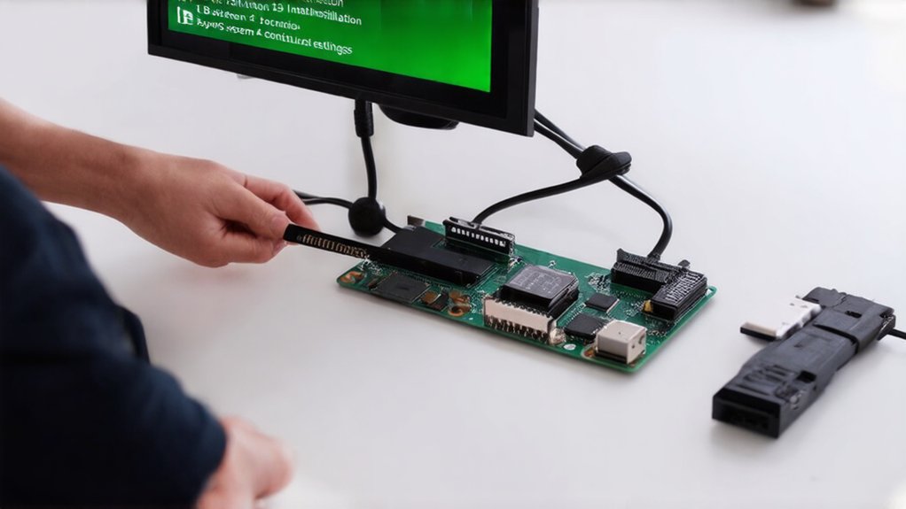 :A realistic image showing a person installing Android OS on a mini PC, with hardware components visible on a clean desk. Monitor displays installation progress while the person connects cables to the mini PC. Clear Android logo visible on screen.