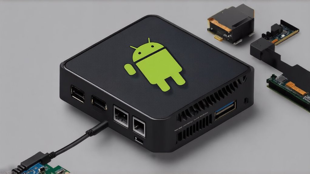 A realistic image of a mini PC with Android logo on screen, showing heat sinks and cooling solutions. The device is connected to multiple peripherals demonstrating expanded capabilities despite hardware constraints. Tech enthusiast upgrading RAM module for better performance.
