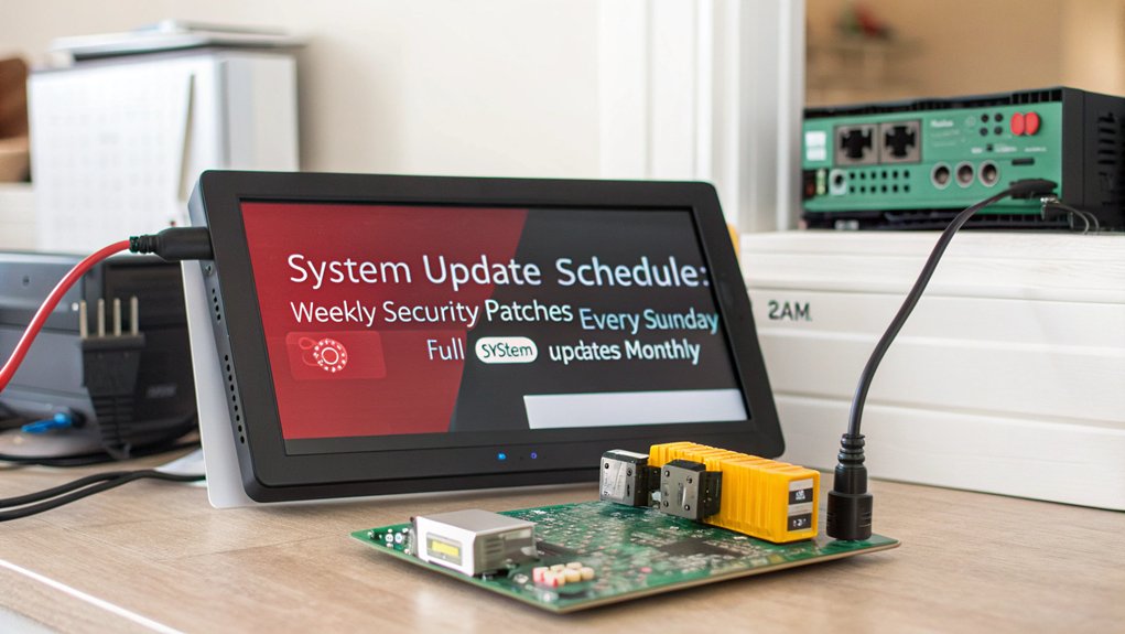 A realistic image of a secure Raspberry Pi connected to a monitor displaying a system update screen with a calendar interface highlighting regular update intervals. The background shows a secure home office environment with a router and firewall indicators.