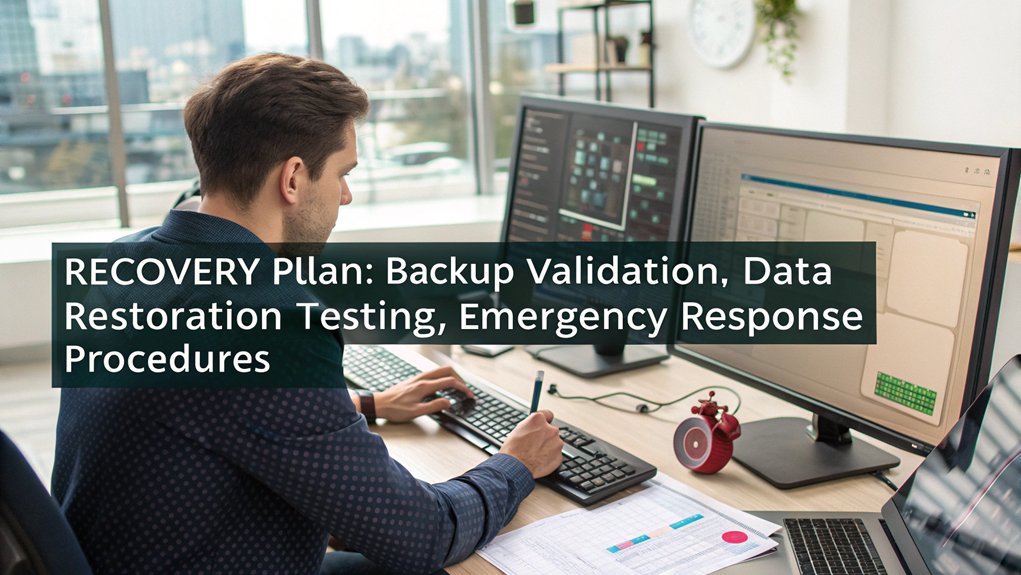 :A realistic image showcasing a security professional at a workstation conducting a Raspberry Pi security audit, with backup drives, recovery documentation, and a visual representation of data restoration testing. The emergency response checklist and backup validation process should be clearly visible.