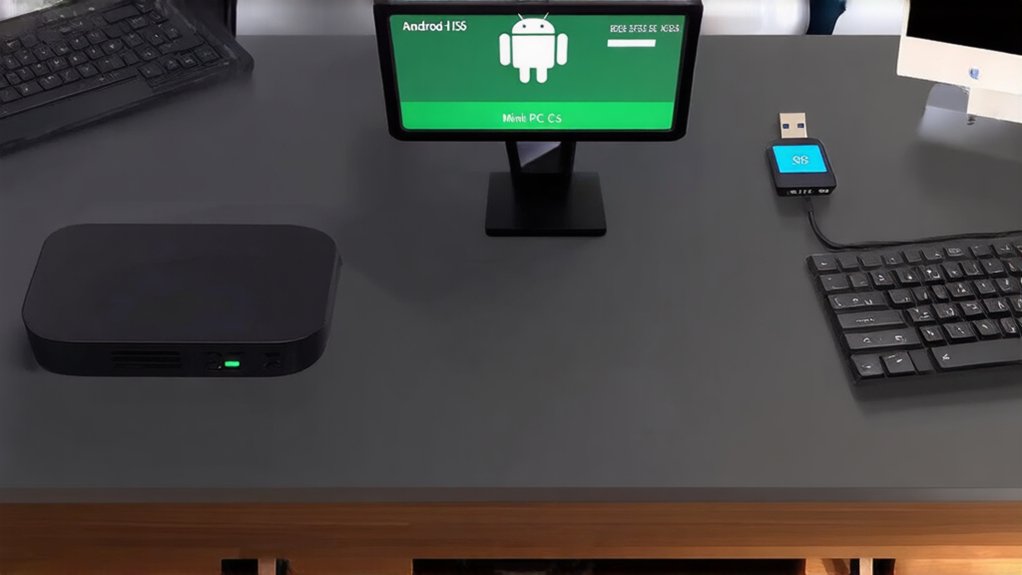A realistic image showcasing essential tools for creating a bootable Android installation: a mini PC, USB drive, Android x86 ISO file displayed on a monitor, keyboard, and BIOS settings screen. Clean, modern workspace with technical components arranged neatly on a desk.