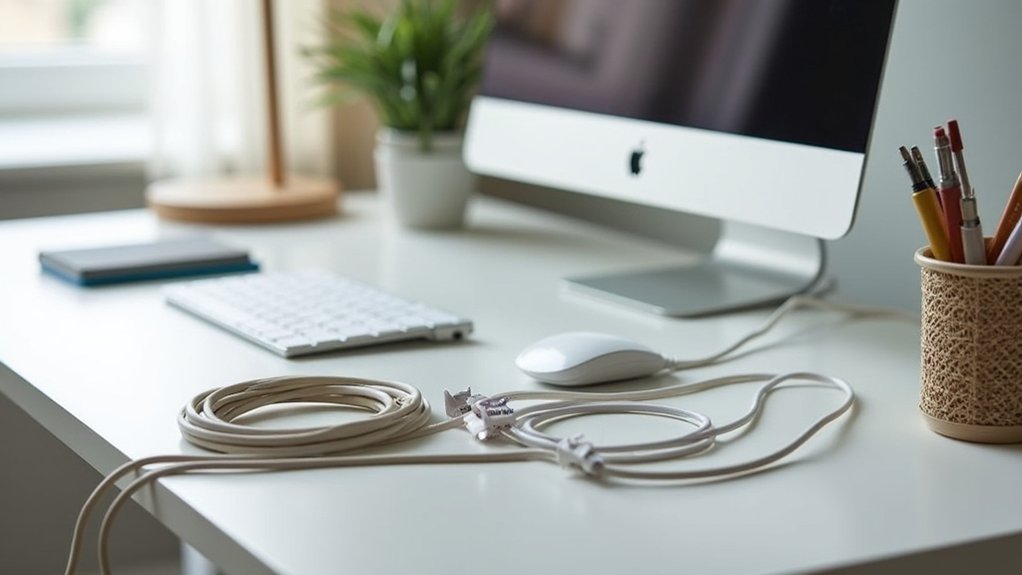 @ Midjourney AI Image Prompt: /imagine prompt:A realistic image of a neatly organized desk with inexpensive cable management products: cord clips, velcro ties, cable boxes, and woven cord sleeves efficiently controlling messy wires from computer, lamp, and phone chargers. Close-up shot showing tangle-free, labeled cords in a clean, modern home office setup.