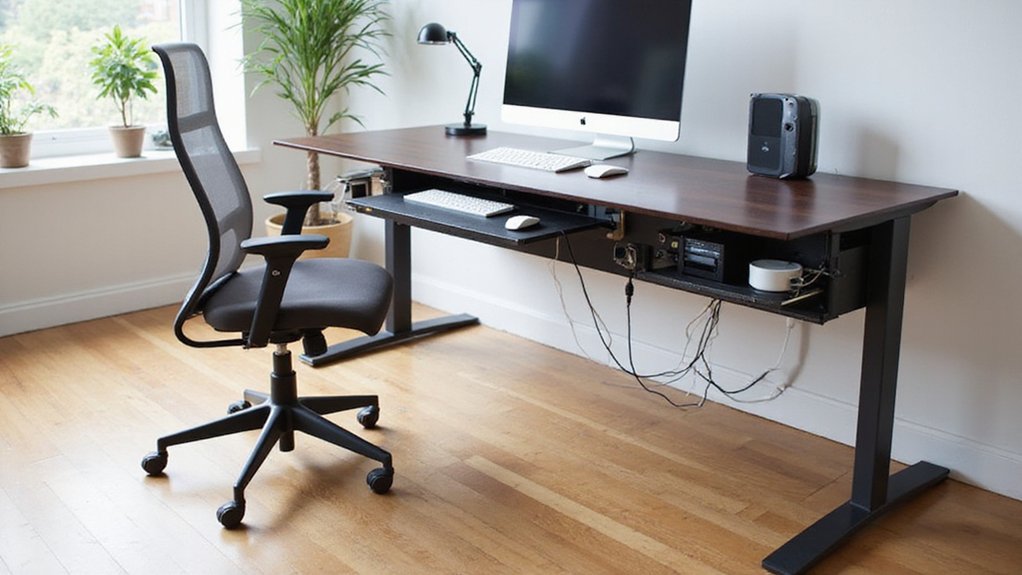 A realistic image of a sleek modern desk with built-in home office cable management features, including cable grommets, hidden power strips, and under-desk management trays. The workspace shows a clean, organized setup with minimal cable visibility. Natural lighting illuminates the ergonomic home office.arrangement. 