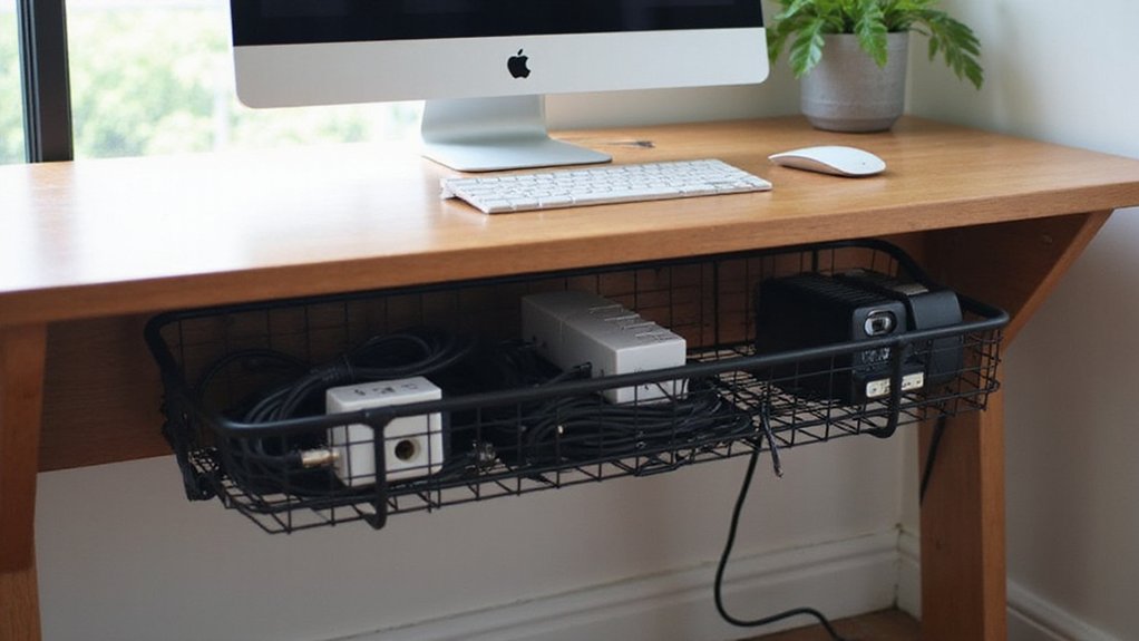 A realistic image showing an organized office desk with an under-desk cable basket neatly containing multiple power strips and bundled cables. This cable management hack produces a clean desk surface with only a monitor, keyboard, and plant visible. Natural lighting highlights the contrast between the tidy desktop and the contained cable management below.