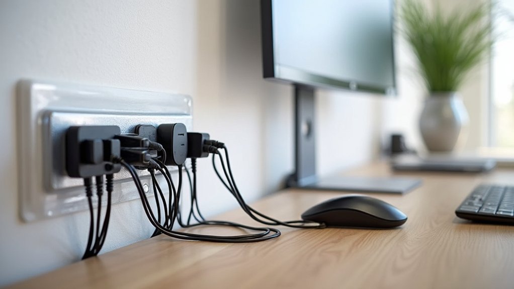 A realistic image of a transparent, flexible cable management sleeve containing neatly organized power cords, USB cables, and HDMI cables running along a home office wall. The sleeve keeps multiple cables grouped together, preventing tangles while maintaining a clean, professional appearance.