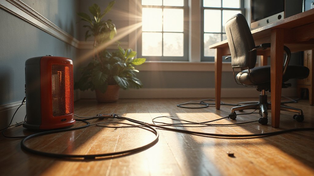 A realistic image showing cables dangerously close to a space heater and crossing a walkway in a home office. The scene depicts potential hazards of improper cable management with sunlight streaming through nearby windows, highlighting the dangers.