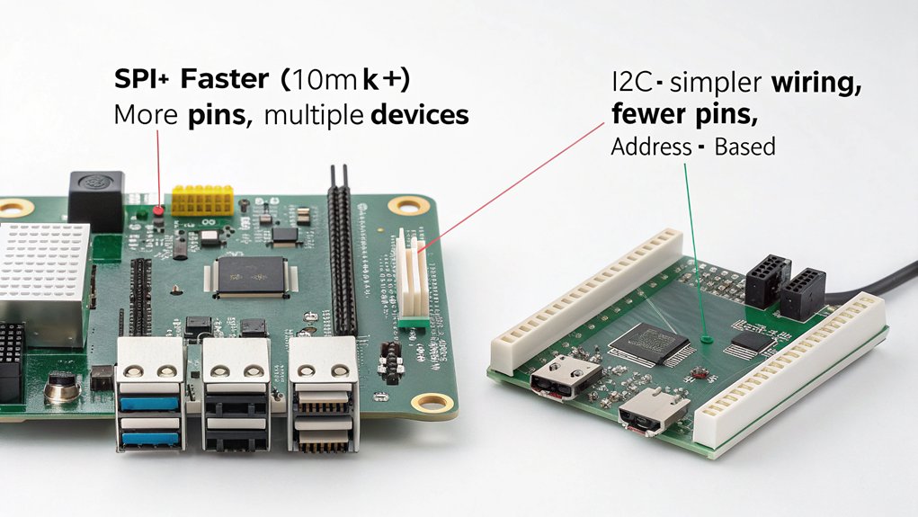 :A realistic image showing a Raspberry Pi board with clearly visible SPI and I2C pins, with a split-screen comparison displaying data transfer speeds and wiring complexity. In the foreground, electronic components like sensors and displays demonstrate practical implementation differences between protocols.