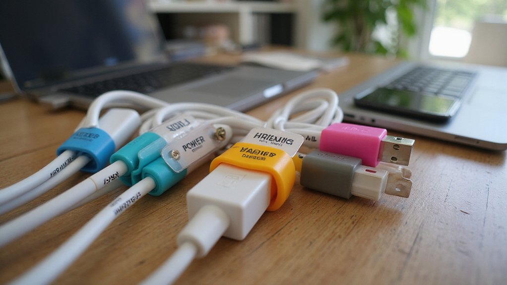 :A realistic image showing a well-organized desk with color-coded cable management system. Close-up of neatly bundled cords with vibrant labels attached. Each cable has a matching colored clip and clear tag. Soft natural lighting highlights the organized workspace setup.