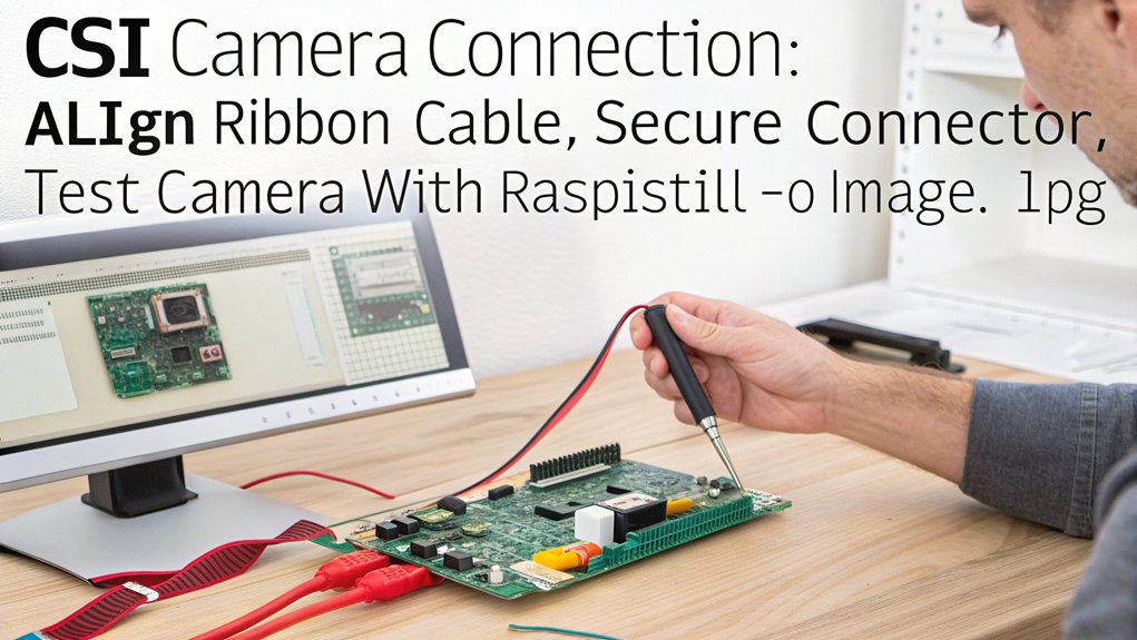 A realistic image showing a person connecting a camera module to a Raspberry Pi 4 board. The Pi is on a workbench with tools nearby. The ribbon cable is being carefully inserted into the CSI port. A monitor displays camera feed initialization. Clean, well-lit setting with organized components. 