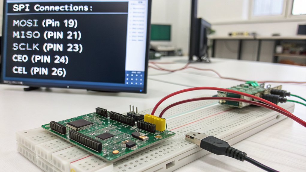 :A realistic image of a Raspberry Pi with SPI devices connected to GPIO pins 19, 21, 23, 24 and 26. Close-up view showing jumper wires connecting devices like an ADC or display module. Python code visible on monitor in background. Clean workbench setting with good lighting.