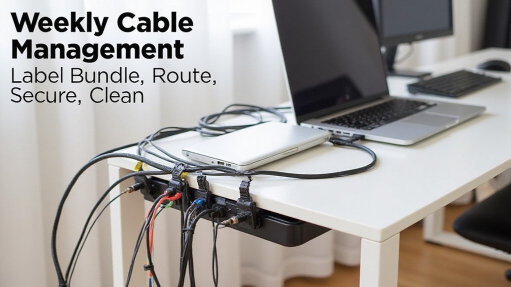 :A realistic image of a well-organized desk with neatly bundled cables using color-coded cable ties, cable clips attached to the desk edge, and a cable management box hiding excess wires. Natural lighting highlights the clean workspace with a laptop and monitor setup.