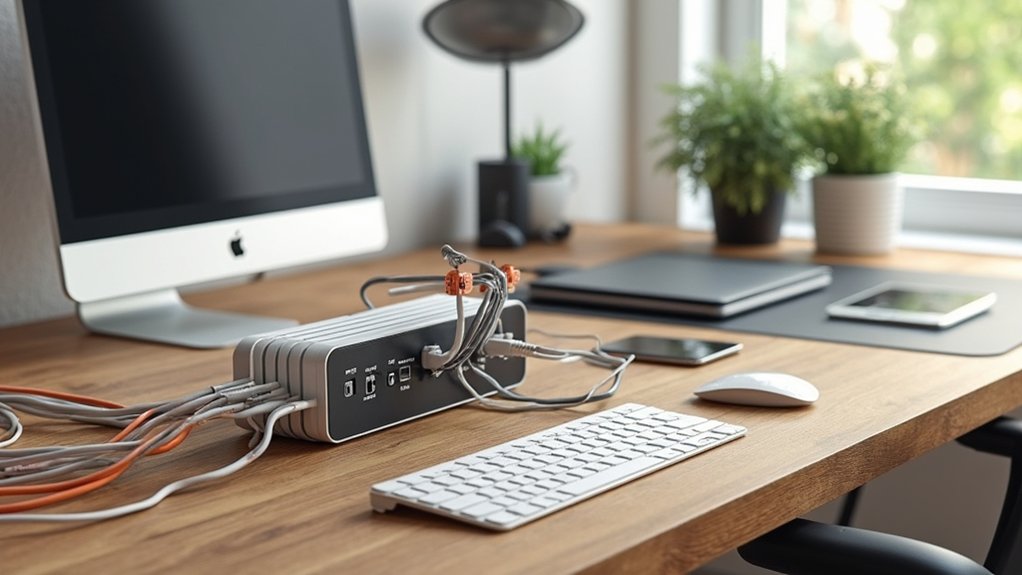 A realistic image of a stylish home office featuring a modern wooden desk with a dedicated cable management station, showing neatly organized power strips, labeled cord clips, and color-coded cables running seamlessly to devices. Clean, uncluttered workspace with soft natural lighting.