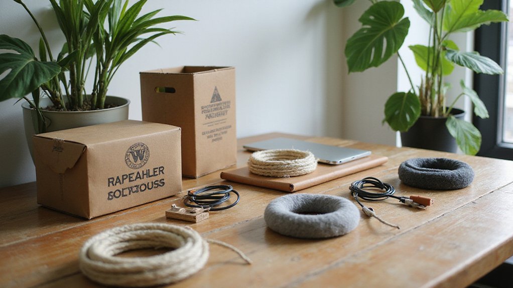 A realistic image of an eco-friendly cable management system in a modern sustainable office, featuring recycled cardboard cable boxes, bamboo cable clips, hemp cord wraps, and felt cable organizers arranged neatly on a reclaimed wood desk with plants nearby. Natural lighting highlights the organic materials.