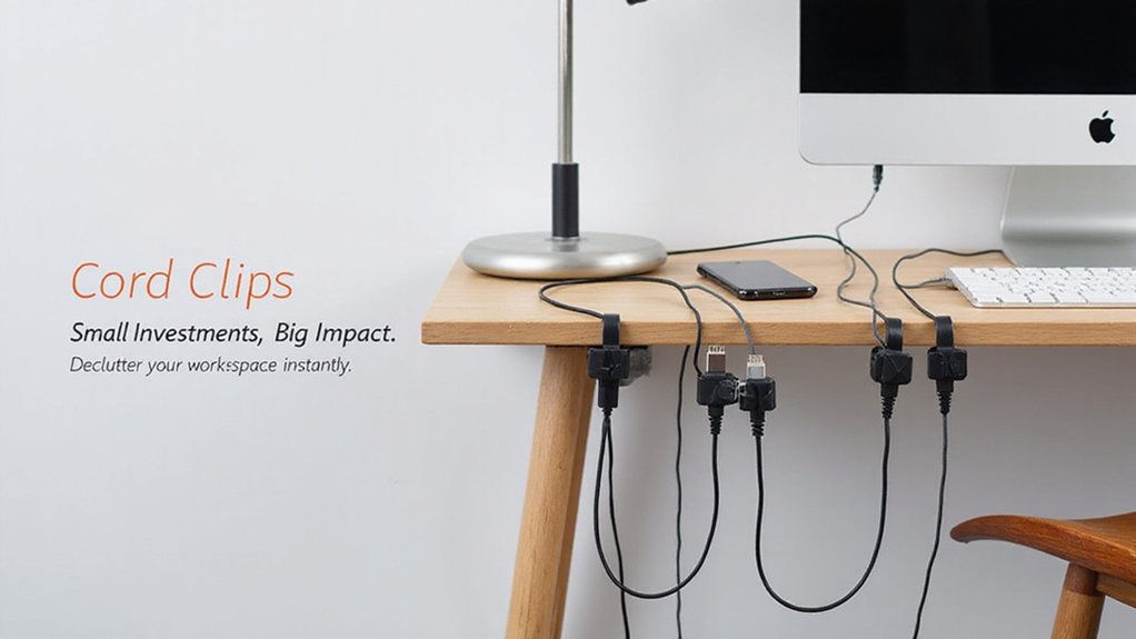 A realistic image of a modern desk setup with neatly organized cords using black cord clips attached to the desk edge. This cable management hack makes the workspace looks clean and professional with a computer, lamp, and smartphone, all with visible cables running through the clips instead of tangling.
