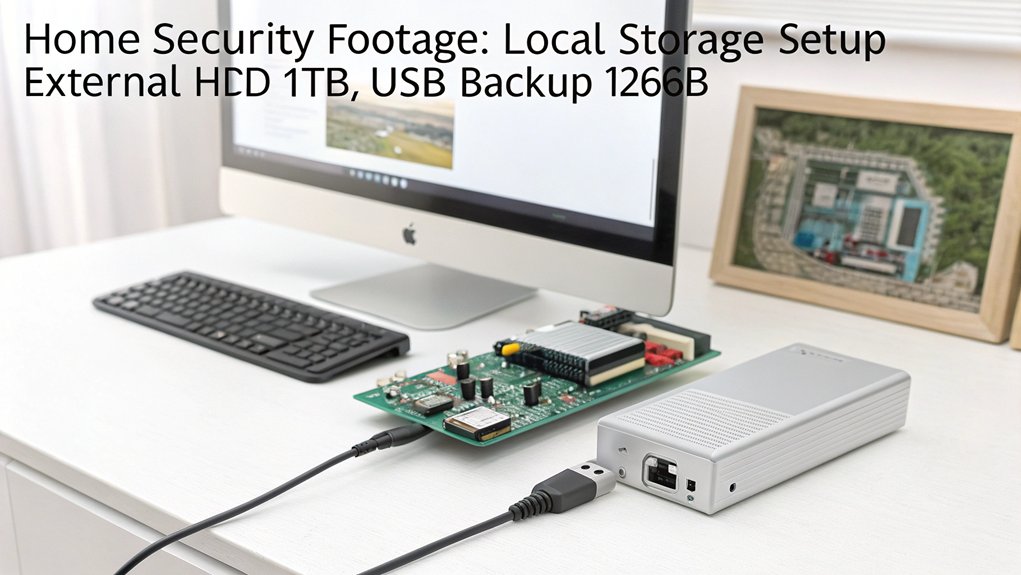 A realistic image of a Raspberry Pi connected to an external hard drive and USB flash drive, with cables neatly organized. The setup sits on a desk with a small monitor showing footage storage folders. Clean, professional home office environment with soft lighting highlighting the storage devices. 