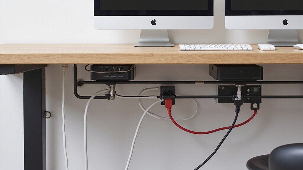 A realistic image of a clean home office setup featuring under-desk cable trays neatly organizing computer cables, power cords, and charging cables below a modern wooden desk. Show cables routed cleanly through the tray system, with everything organized and hidden from view, creating a clutter-free workspace. 