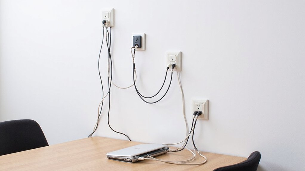 A realistic image of adhesive J-channel cord organizers mounted on a clean home office wall, neatly routing multiple cables from a desk to outlets. This helps with effective home office cord management. The channels are white, blending seamlessly with the wall, creating an organized workspace with minimal visual clutter and no dangling wires.