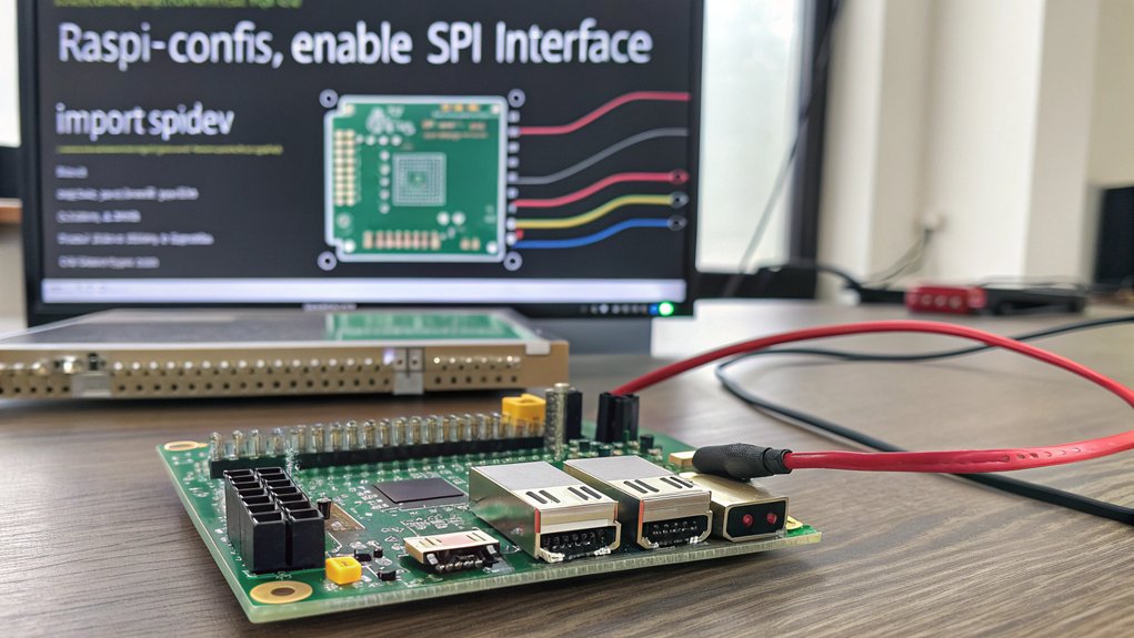A realistic image of a Raspberry Pi board with GPIO pins clearly visible, focusing on the SPI pins (MOSI, MISO, SCLK, CE0, CE1). A Python script is visible on a monitor in the background showing SPI configuration code. Components for SPI communication are connected to the Pi, showing how to configure to use python for SPI programming