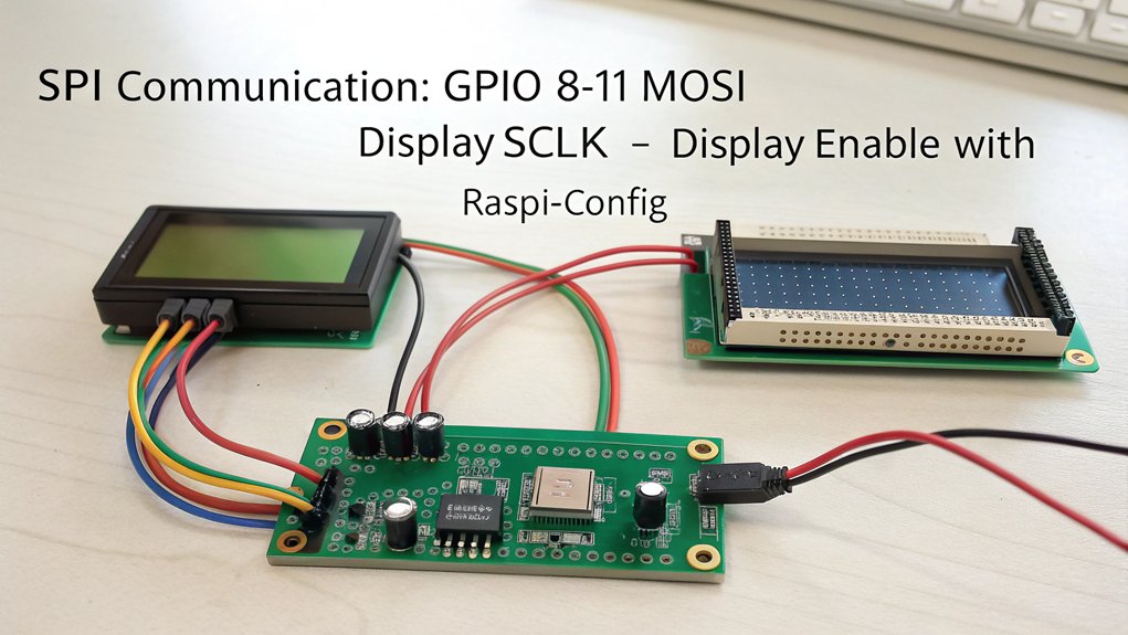 A realistic image of a Raspberry Pi circuit board with a close-up view of SPI pins connected to a small LCD display. This shows it is using the Raspberry Pi SPI bus. The GPIO pins are clearly labeled, with colored jumper wires connecting to the display showing MOSI, MISO, SCLK, and CS connections. The setup is on a clean workbench with soft lighting.