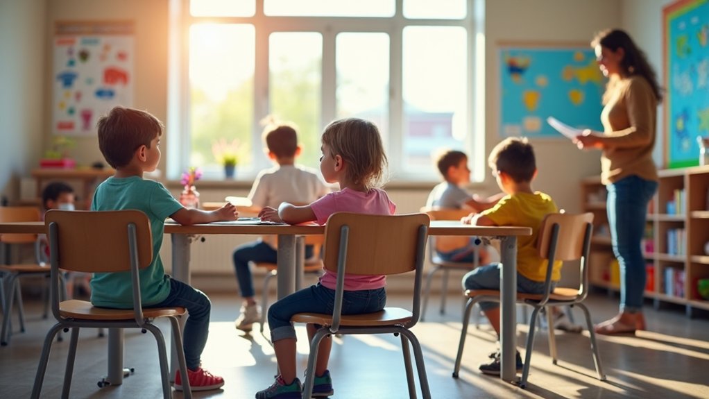:A realistic image of children in a modern classroom sitting in ergonomic chairs with proper posture, bright natural lighting streaming through windows, colorful educational posters on walls, and a teacher demonstrating correct sitting position. Children appear engaged and comfortable, showcasing healthy spine alignment and age-appropriate furniture designed for growing bodies.