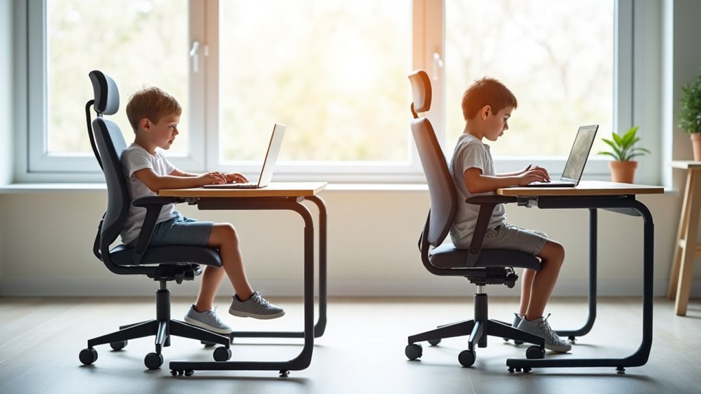 A realistic image showing a child sitting in an ergonomic chair at a desk, displaying proper posture with feet flat on the floor, back straight, and shoulders relaxed. The child appears comfortable and focused while working. In contrast, show another child in a regular chair slouching with poor posture, looking uncomfortable and strained. The setting is a bright, modern classroom or study area.
