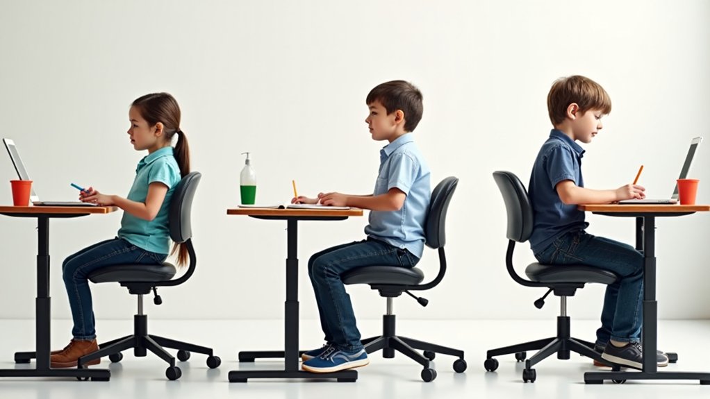 A realistic image showing three children of different ages and heights sitting at adjustable ergonomic chairs at school desks. Each chair is customized to their body size - the smallest child has feet flat on the floor, the tallest has proper back support. The scene demonstrates proper posture alignment and developmental considerations for growing bodies in an educational setting.