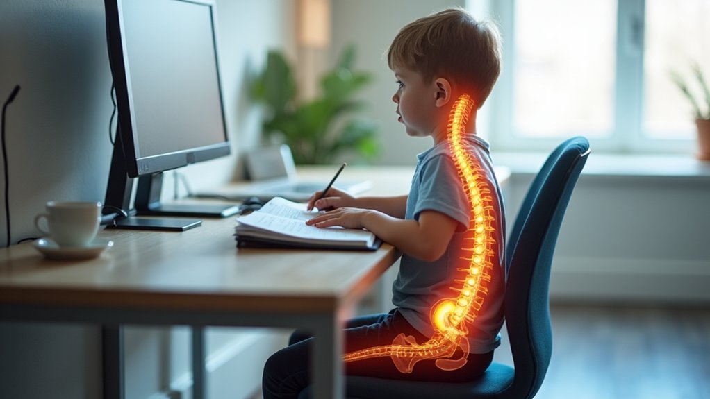A realistic image showing a child sitting properly in an ergonomic chair at a desk, with a transparent anatomical overlay highlighting the spine's natural curves and proper alignment. The child appears comfortable and focused while studying, demonstrating how kids need ergonomic chairs. Their support promotes healthy spinal development during crucial growth years.