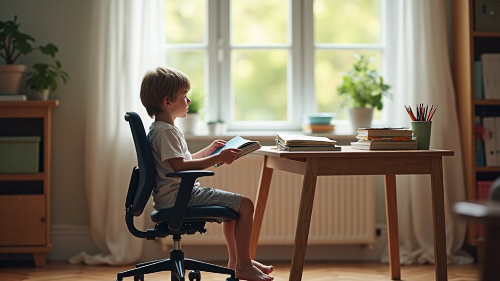 :A realistic image of a child sitting in an ergonomic chair at a desk, completely focused while studying. The child displays excellent posture with feet flat on the floor, back properly supported, and arms positioned comfortably. Books, notebooks, and pencils are neatly arranged on the desk. Soft natural lighting illuminates the peaceful study environment.