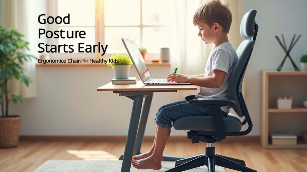 A realistic image showing a child sitting properly in an ergonomic chair at a desk, demonstrating correct posture with feet flat on floor, back straight against chair support, and shoulders relaxed. The child appears comfortable and focused while working. Natural lighting illuminates the scene, emphasizing the chair's supportive features and the child's aligned spine position.