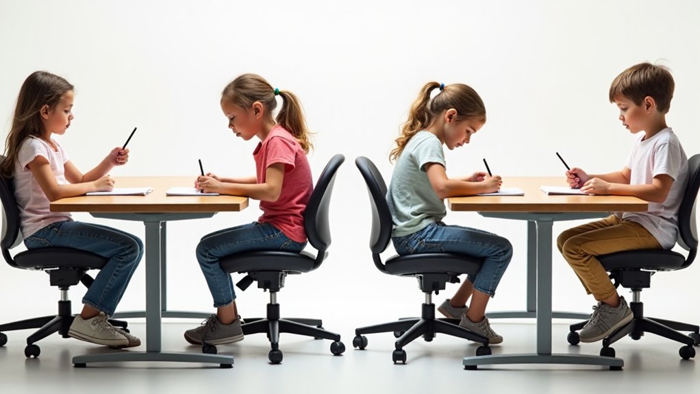 A realistic image of children sitting in ergonomic chairs at school desks, demonstrating natural movement and active sitting. Kids are shifting positions, rocking slightly, and maintaining good posture while engaged in learning activities. The chairs feature flexible backs and allow for healthy micro-movements throughout the day.