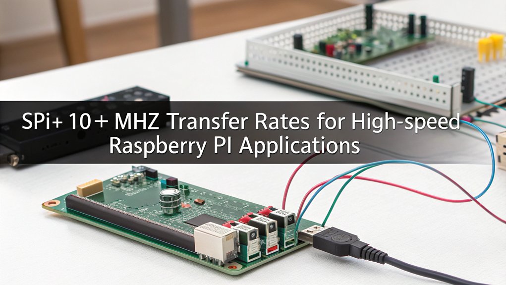 A realistic image showcasing a Raspberry Pi connected to multiple sensors via SPI interface with data visually streaming at high speed. The circuit setup demonstrates parallel data transmission with visible clock signals, contrasting I2C vs SPI with a slower I2C connection in the background.