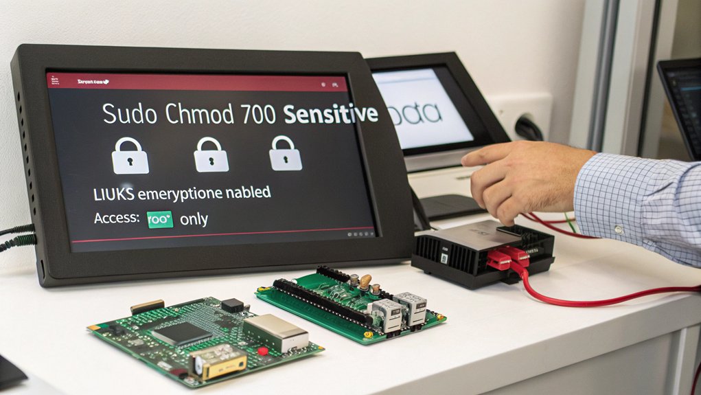 A realistic image showing a secure file permissions interface on a Raspberry Pi. A hand adjusting file permissions on a terminal screen with visible chmod commands. Storage devices with padlocks nearby. Dashboard showing encrypted folders and access control lists.