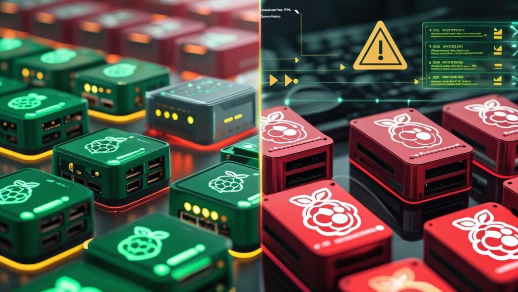 Comparison visualization of healthy versus failed Raspberry Pi fleet devices showing lifecycle risks