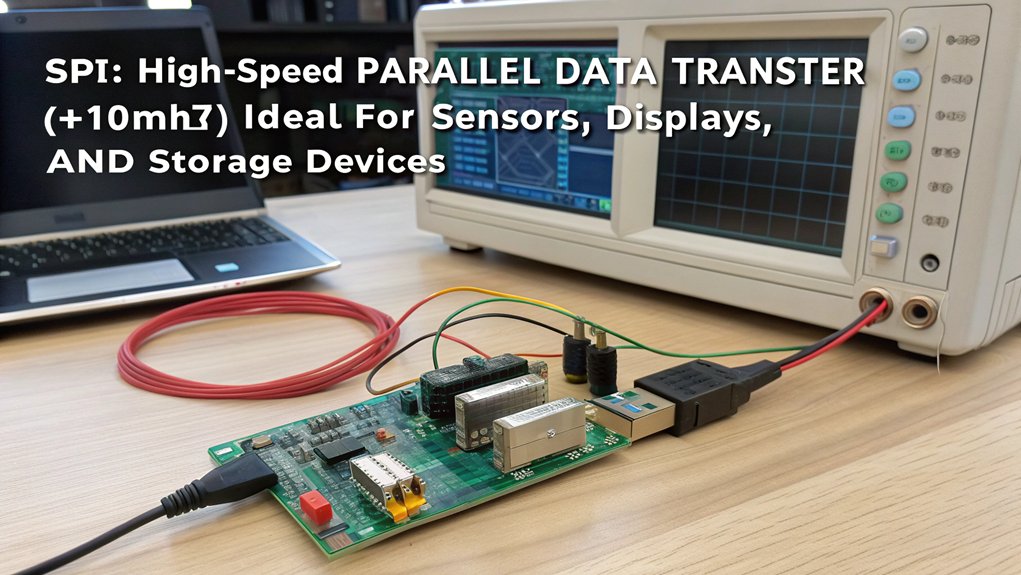 A realistic image showing a Raspberry Pi connected to multiple SPI devices (digital sensors, LCD display, SD card) with visible clock and data lines. The setup demonstrates parallel data transmission at high speeds in a maker's electronics workbench environment with oscilloscope readings visible.