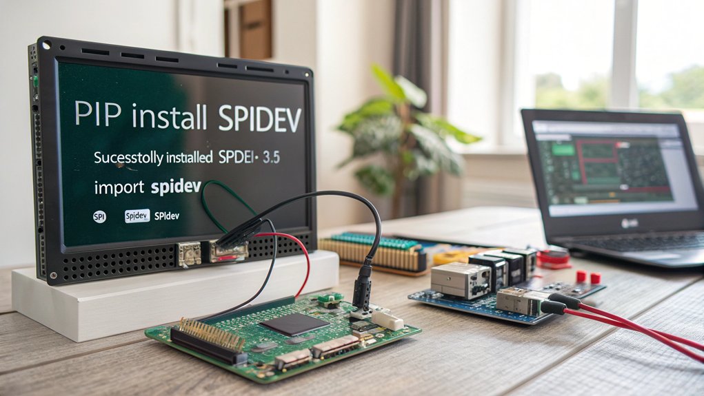 A realistic image showing a Raspberry Pi with Python code visible on a connected monitor displaying "pip install spidev" command being executed. Electronic components and breadboard with SPI devices (RFID reader, display) connected to the Pi's GPIO pins.