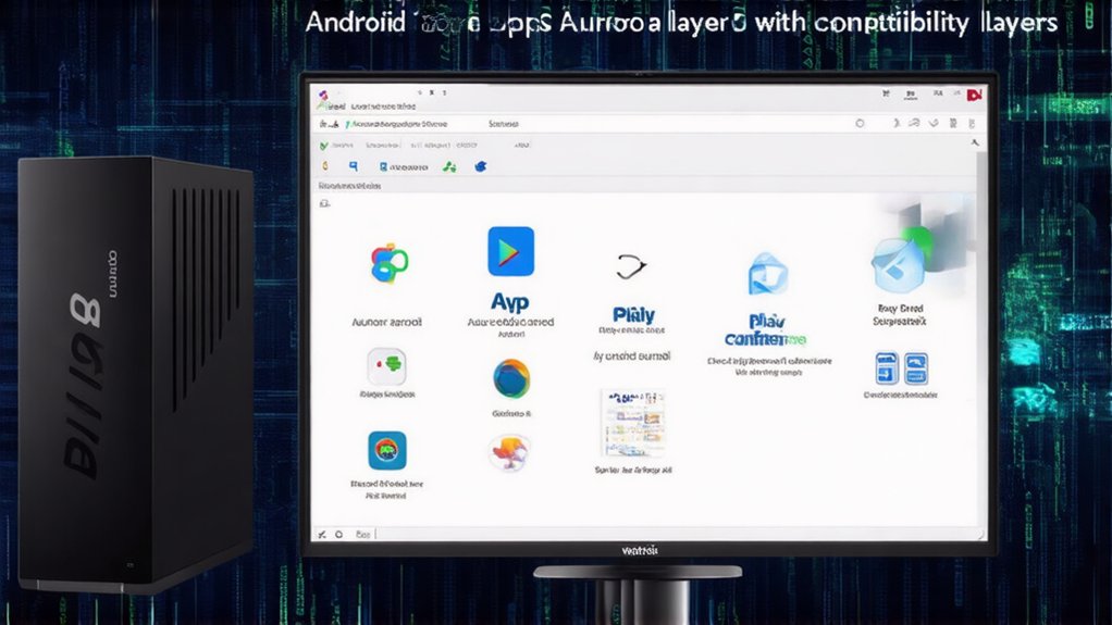 A realistic image of a mini PC connected to a monitor displaying multiple app store interfaces (Google Play Store, Aurora Store, F-Droid) side by side, with Android apps being installed. Show compatibility layer software working in the background with technical code elements.