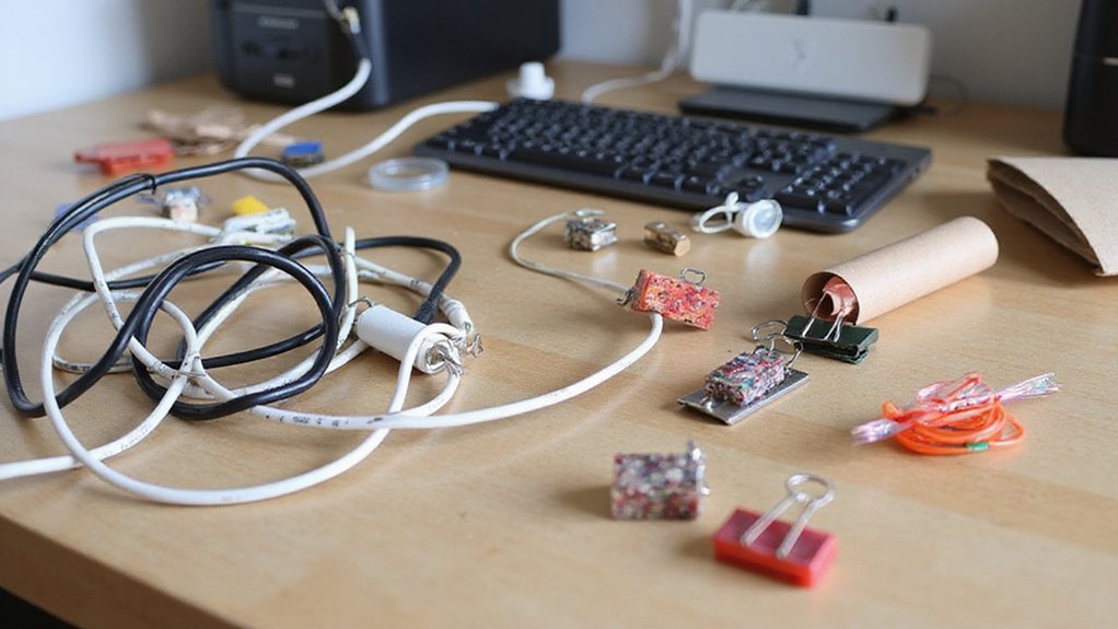 A realistic image of a messy desk with tangled cords being transformed into an organized workspace. These fixes for tangled cords include DIY cable organizers made from binder clips, toilet paper rolls, and labeled zip ties shown in detail. Soft natural lighting, shallow depth of field highlighting the before/after contrast.