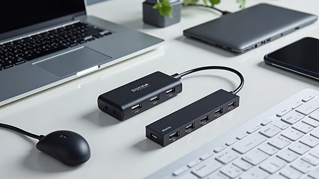 different USB hubs on a table betwen two laptops and next to an SSN drive and a cell phone. 