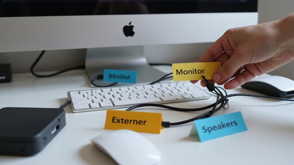 A realistic image of a home office workspace with neatly bundled cables that have colorful labels attached. Each label clearly identifies the device it connects to. A hand is shown attaching a new label to a cable. Clean desk with minimal clutter, good lighting, and professional cable management setup. 